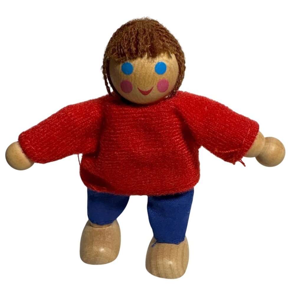 Melissa & Doug Wooden Dollhouse Doll With Red Sweater & Blue Pants 3"